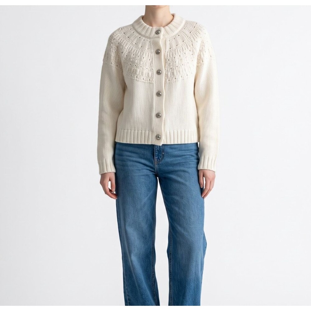 Talbots NEW Pointelle Mockneck Cardigan Sweater Women Large Ivory Chunky $139